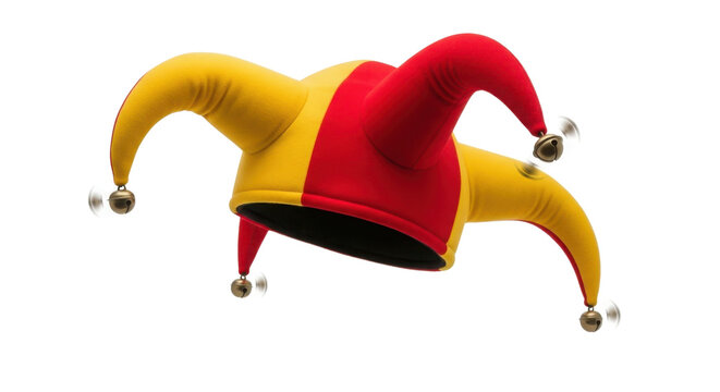 Traditional red and yellow jester hat with jingling bells, symbolizing comedy, fun, and fools. isolated PNG with Transparent Background