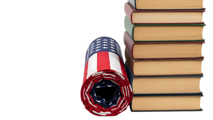 Stack of books next to a rolled-up american flag isolated on transparent background