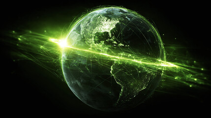 Glowig connections across the globe illustrate network flows and data transfer. Earth's lights in green symbolize energy and global reach.