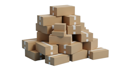 Huge pile of brown corrugated cardboard shipping boxes isolated for logistics and e-commerce concepts. isolated PNG with Transparent Background