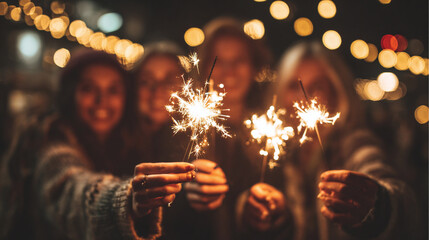A group of friends celebrating with sparklers at night, creating a warm and festive atmosphere under string lights, and sharing joy.