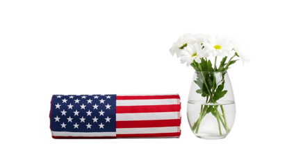 American flag and a vase of daisies on a black background isolated on transparent background