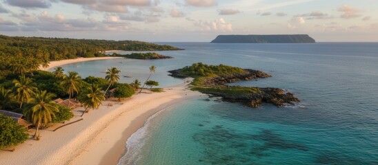 A serene tropical beach with clear waters, lush palm trees, and a distant island, perfect for relaxation and exploration.