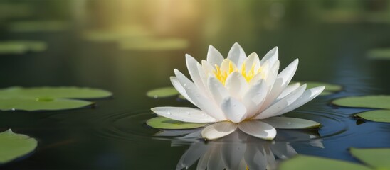 A serene white lotus flower blooms on calm water, surrounded by green lily pads, evoking a peaceful natural beauty.