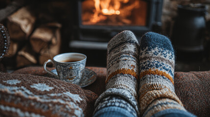 Cozy comfort: Warm socks, hot tea, and a crackling fire create a soothing ambiance for relaxation. A perfect retreat from the winter chill.
