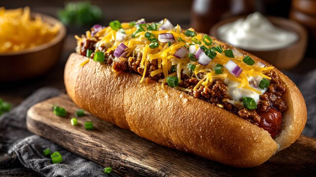 Gourmet chili cheese dog sits on a rustic wooden table with chopped onions and cheddar, illuminated by warm lighting for a savory food photo.