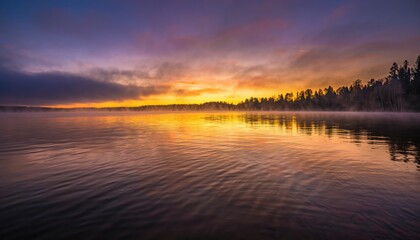 A serene sunset over a tranquil lake, reflecting vibrant colors on the water's surface, surrounded by a lush forest.
