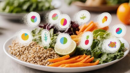 Fototapeta premium Healthy Food Bowl with Nutritional Icons and Fresh Ingredients.