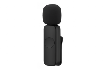 Black wireless lapel microphone for recording audio on transparent background