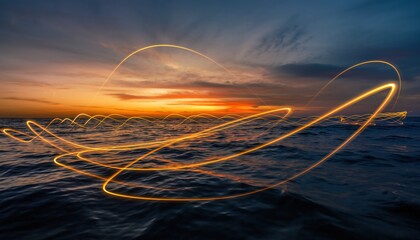 A stunning sunset over the ocean, enhanced by dynamic light trails that create a mesmerizing effect, capturing the beauty of nature and creativity.