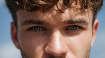 Close up portrait of a young man s striking blue eyes showcasing an intense direct gaze and detailed facial features set against a bright blurred sky