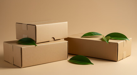 Eco Friendly Cardboard Shipping Boxes with Fresh Green Leaves on Beige Background for Sustainable Packaging and E-commerce Concepts