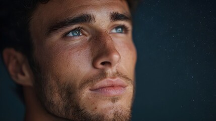 Obraz premium A young man with blue eyes and freckles looks up at a starry night sky with a contemplative and serene expression
