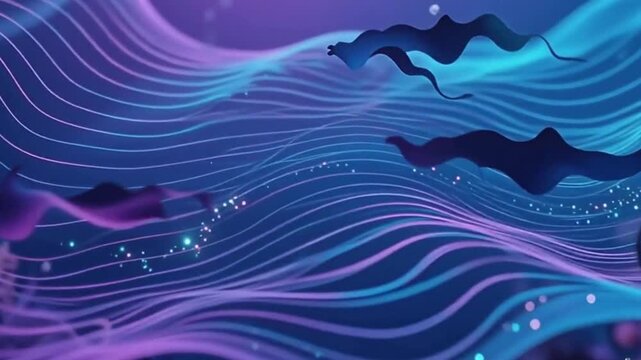 Moving particle form motion background with blue and purple abstract lines and drifting points. Subtle underwater world feel with organic motion inspired by underwater creatures