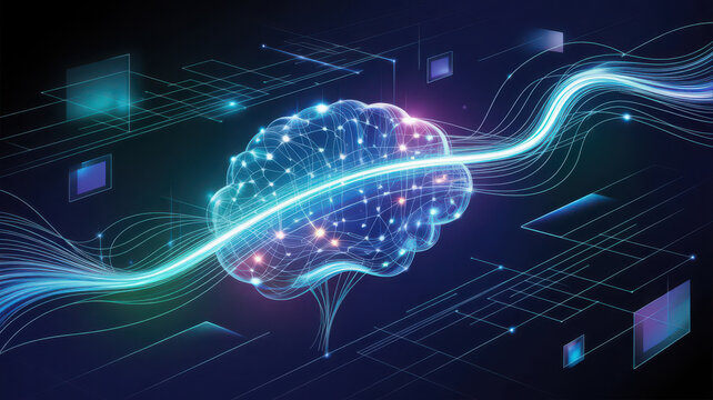 Digital Human Brain with Glowing Light Connections and Energy Beam Representing High-Speed Data Processing - Powered by Adobe