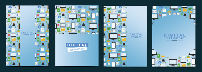 Abstract flat digital cleanup day posters with colorful smartphone and laptop patterns forming frames around text, promoting data decluttering and digital organization campaigns. Vector illustration
