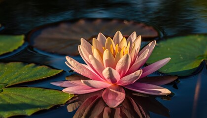 A beautiful water lily blooms gracefully on a serene pond, surrounded by lush green leaves and reflecting softly on the water's surface.