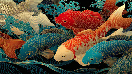 An artistic depiction of golden koi fish gracefully swimming in water with an oriental style with red, gold, and teal scales and waves.