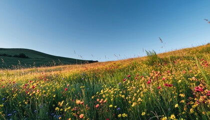 A vibrant field of wildflowers under a clear blue sky, showcasing a beautiful natural landscape filled with colorful blossoms and lush greenery.