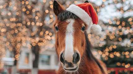A festive horse with a Santa hat against a backdrop of twinkling lights, a cheerful holiday scene with warm colors and a cozy atmosphere.
