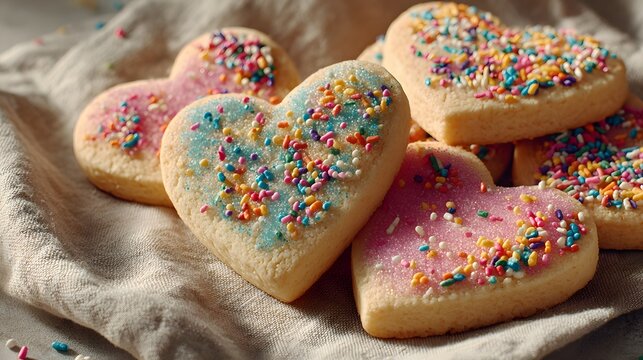 Heart-shaped sugar cookies decorated with colorful pastel sprinkles lie on a beige linen cloth, capturing a homemade sweet treat photography.