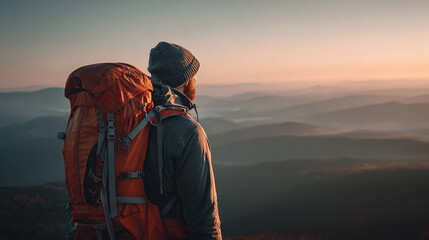 An adventurer gazes over misty mountain peaks, bathed in the glow of sunrise. A great expedition begins with an amazing view and fresh mountain air.
