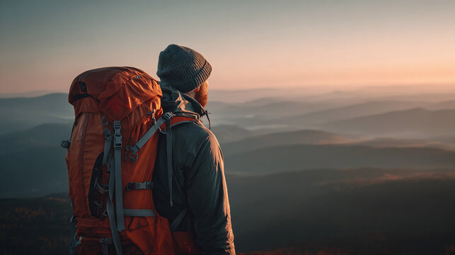 An adventurer gazes over misty mountain peaks, bathed in the glow of sunrise. A great expedition begins with an amazing view and fresh mountain air.