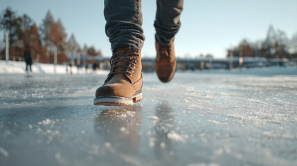 Walking on thin ice with sturdy boots. Winter landscape, outdoor activities, cold weather conditions, winter season fun and games.