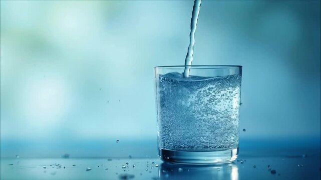 agua vertida en un vaso, resaltando la naturaleza refrescante de la hidrataci&oacute;n con burbujas y claridad.