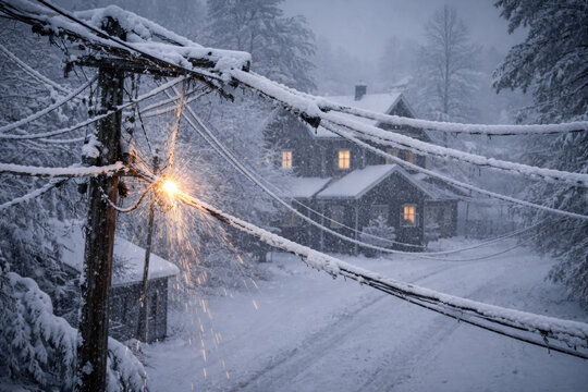 Winter Storm Damage with Snow-Covered Power Lines and Dark Houses