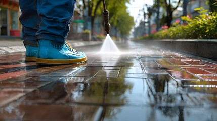 Fototapeta premium Low angle shot captures legs in blue trousers pressure washing a brick pavement with water spray, illustrating an outdoor cleaning service.