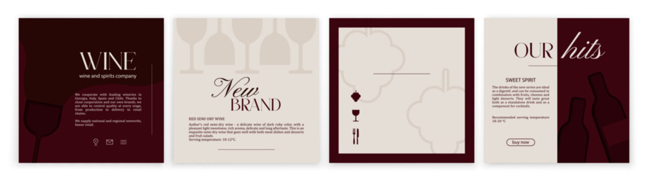 A set of templates for presenting a wine store. Instagram feed design and templates for effective branding in burgundy colors.