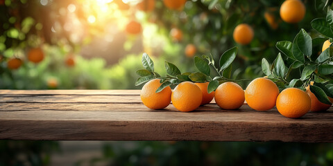 Fresh oranges on rustic wooden table, orange orchard background, warm sunrise, shallow depth of field