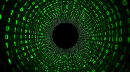 a captivating tunnel of green binary code, creating a mesmerizing visual journey. The numbers cascade around, leading to a dark center, conveying a sense of digital immersion
