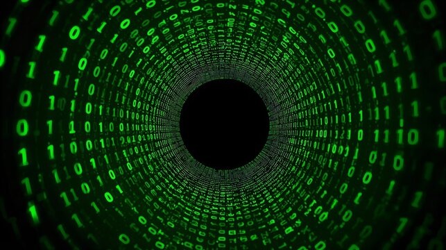 a captivating tunnel of green binary code, creating a mesmerizing visual journey. The numbers cascade around, leading to a dark center, conveying a sense of digital immersion - Powered by Adobe