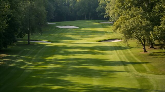 A scenic overview of a manicured golf course with lush green fairways, framed by trees casting shadows, evoking a sense of tranquility.