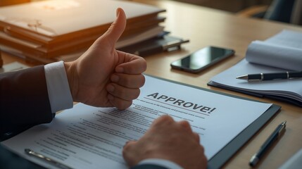 a person approves of a document on a wooden desk with a thumbs-up gesture