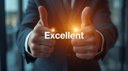 a person in a suit, with thumbs up, excellent word in front of image. The image is a sign of agreement