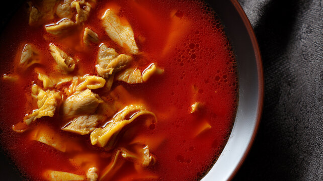 High-angle flat lay of authentic Mexican Menudo. Features tender tripe in a rich, vibrant red chili broth served in a modern dark ceramic bowl with a textured linen napkin.