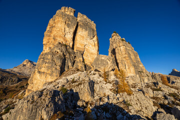 Fototapeta premium Close-up view of the Cinque Torri group in the Italian Dolomites just after sunrise