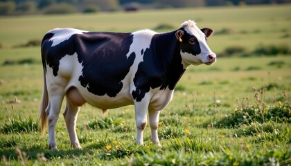The image features a young cow standing in a lush, green pasture with scattered small yellow flowers