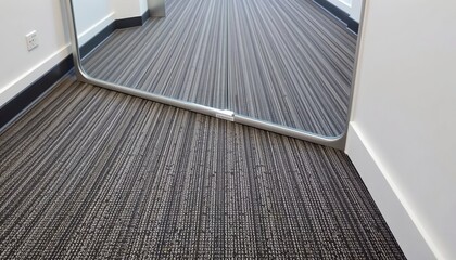 The image shows a close up view of a section of carpeted floor next to a large, leaning mirror with a metallic frame