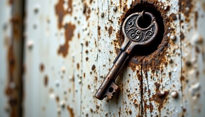 The image features an ornate, vintage style key inserted into a rusty, weathered lock mounted on a distressed metal surface