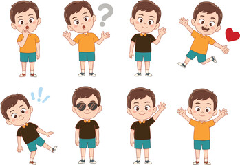 Cute cartoon boy character set with different emotions and poses, child mascot illustration collection for kids education design