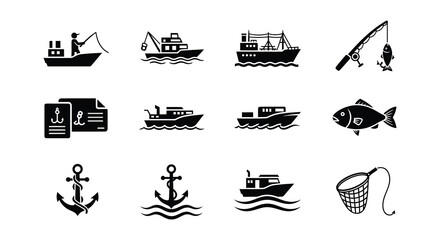 Collection of fishing related icons boats fish equipment and maritime symbols