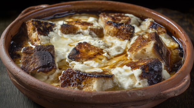 Close-up of authentic Mexican Capirotada (Lenten bread pudding) with layers of toasted bread, melted cheese, and piloncillo syrup in a traditional red clay cazuela.
