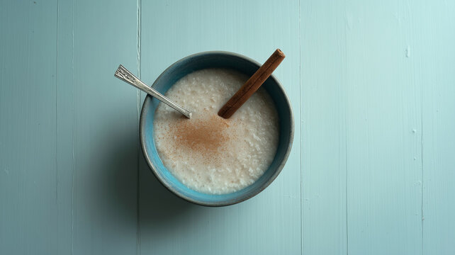 High-angle flat lay of traditional Mexican rice pudding (Arroz con Leche) in a rustic blue ceramic bowl. Features a cinnamon stick garnish on a light teal wooden background.
