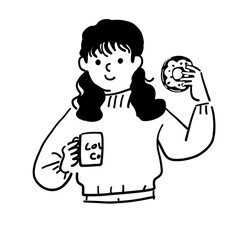 Donut Coffee Woman Line Art Vector