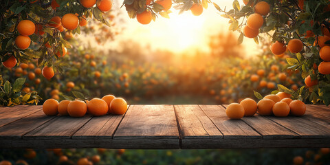 Fresh oranges on rustic wooden table, orange orchard background, warm sunrise, shallow depth of field