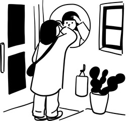 Mirror Grooming Woman Line Art Vector